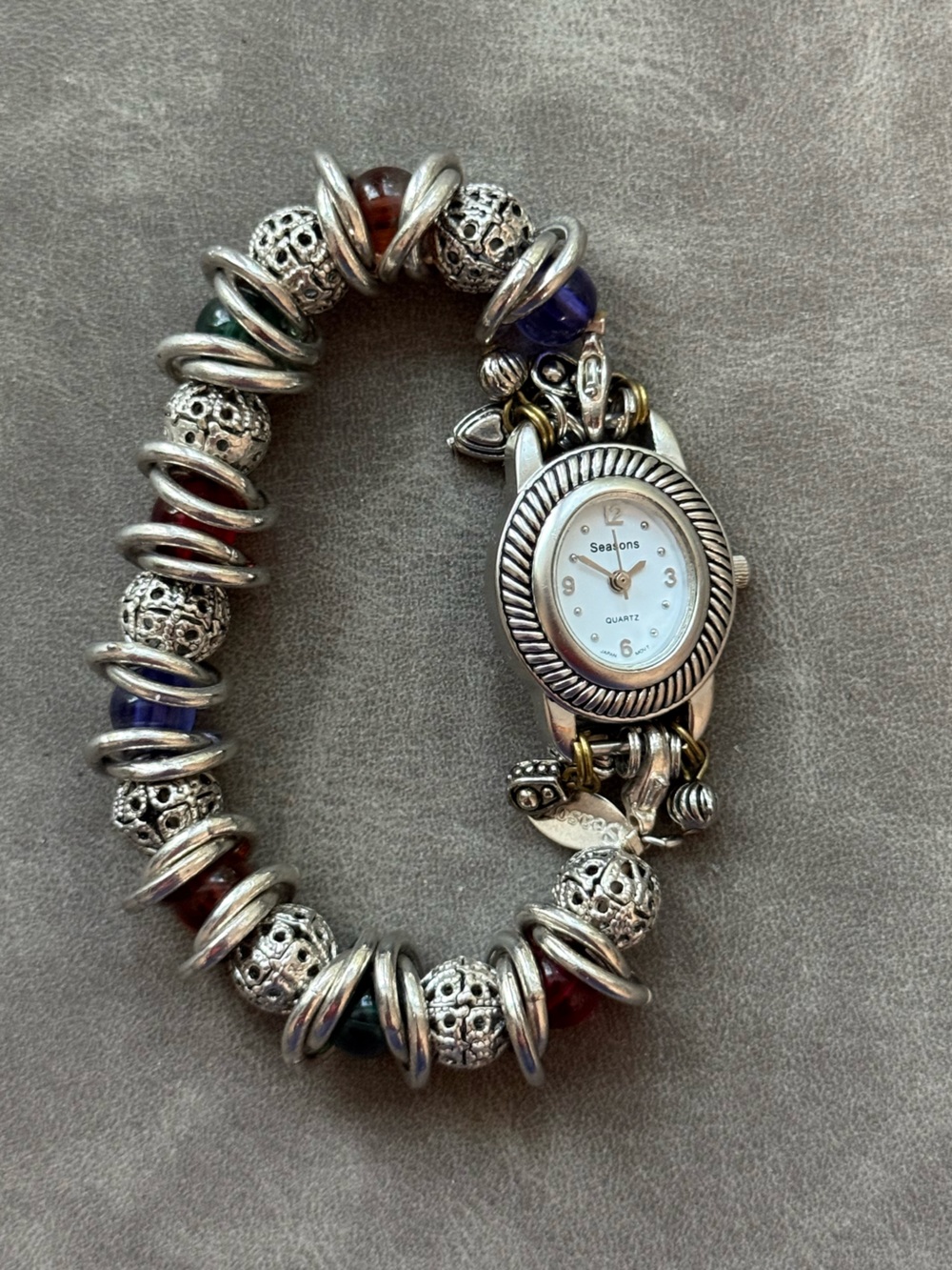 Seasons Multi-Color Beaded Silver Charm Bracelet Watch